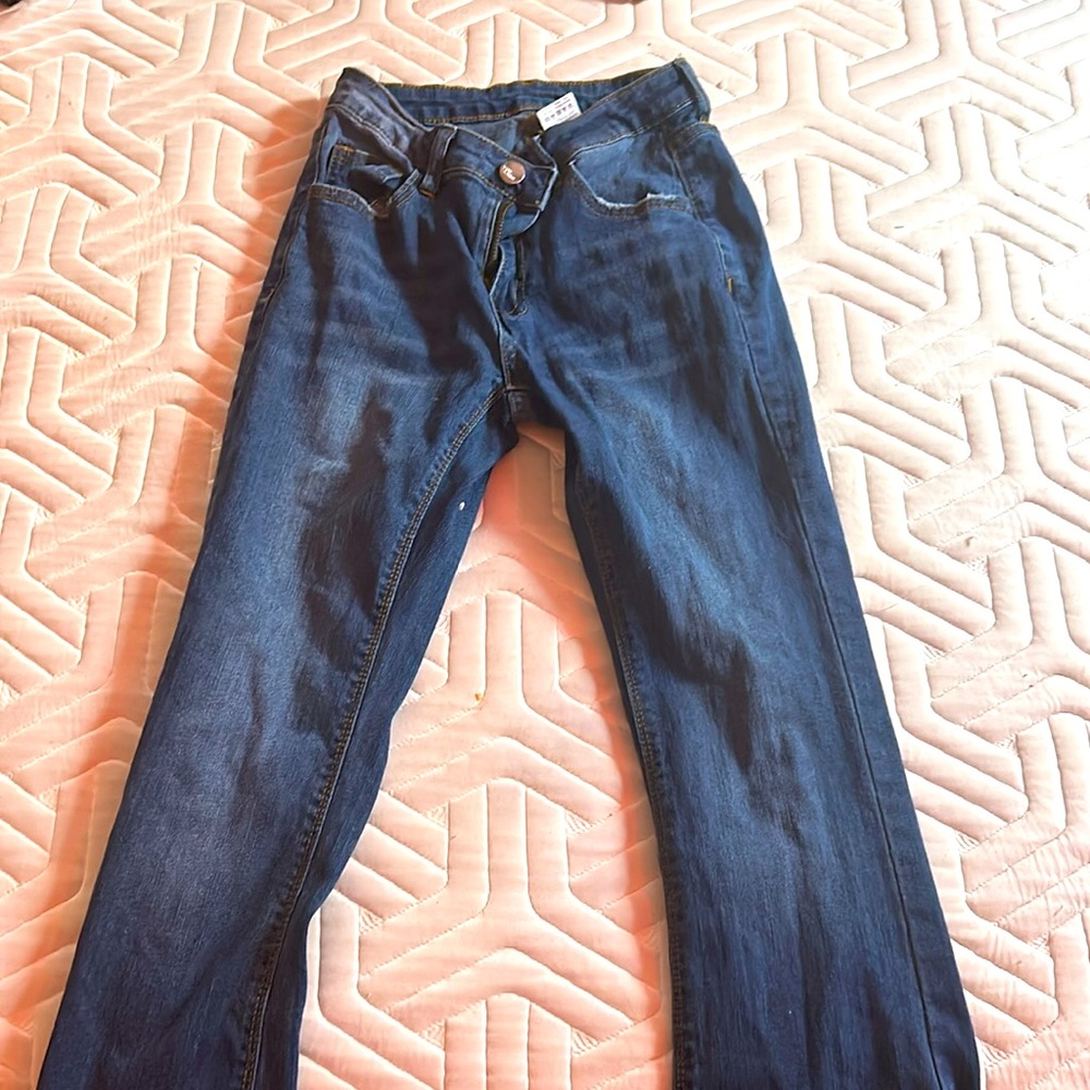 SHEIN ICON Bleach wash flare leg jeans(DARK WASH)